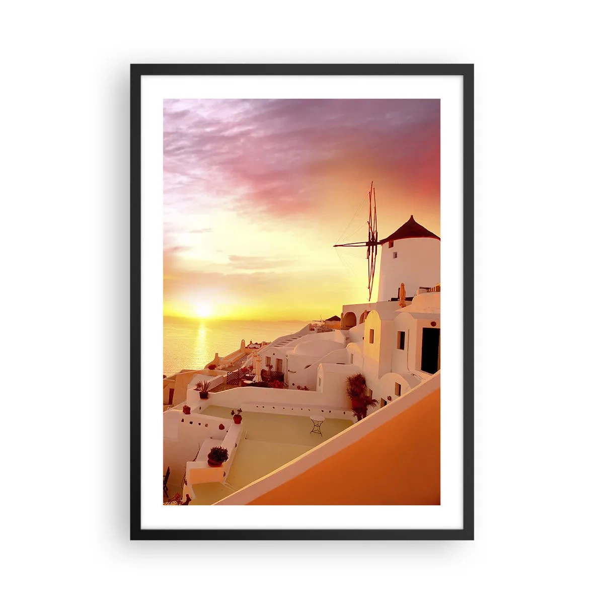 Poszter fehér keretben - Festői naplemente egy görög városban - 50x70cm - Szétfolyni a fehérben és aranyban - Modern fali dekoráció nappalihoz és hálószobához ARTTOR