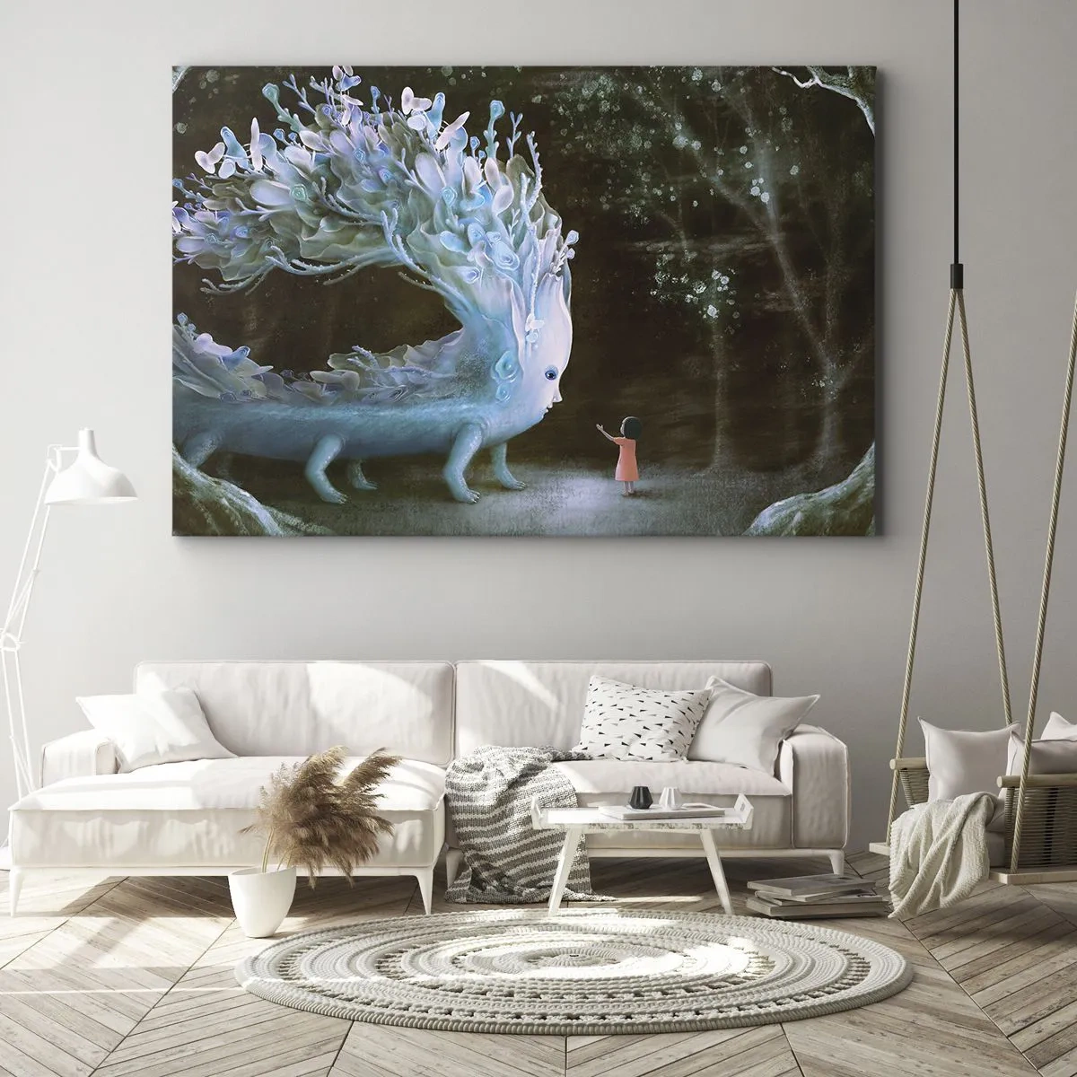 Vászonkép - Egy lány alakja, aki egy fantasztikus lénnyel néz szembe - 70x50cm - Fantasztikus találkozás - Modern fali dekoráció nappalihoz és hálószobához ARTTOR