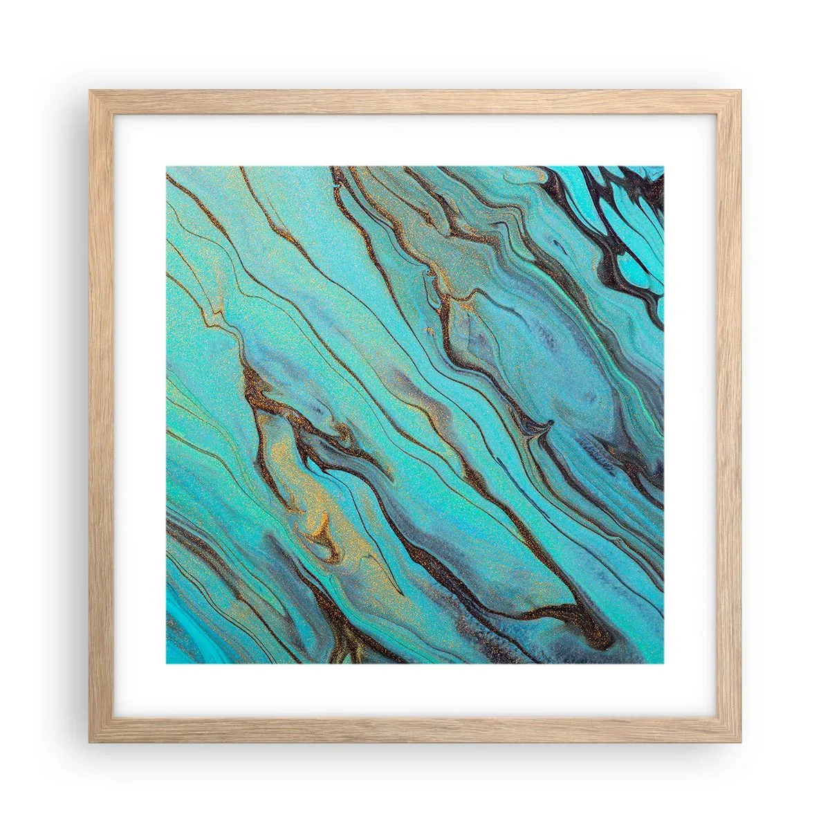 Poszter világos tölgy keretben - Türkiz árapály - 40x40 cm