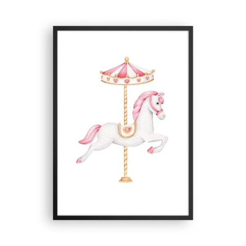 Poszter fehér keretben - Egy bájos fehér ló pasztellszínű körhintán - 50x70cm - Elindult egy patával - Modern fali dekoráció nappalihoz és hálószobához ARTTOR