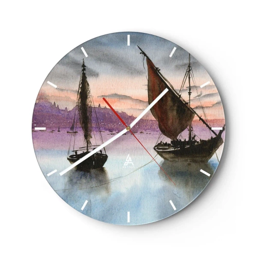 Falióra, Óra - Vitorlás hajók a vízen naplementekor - 30x30cm - Este a kikötőben - Modern fali dekoráció nappalihoz, konyhához és hálószobához ARTTOR