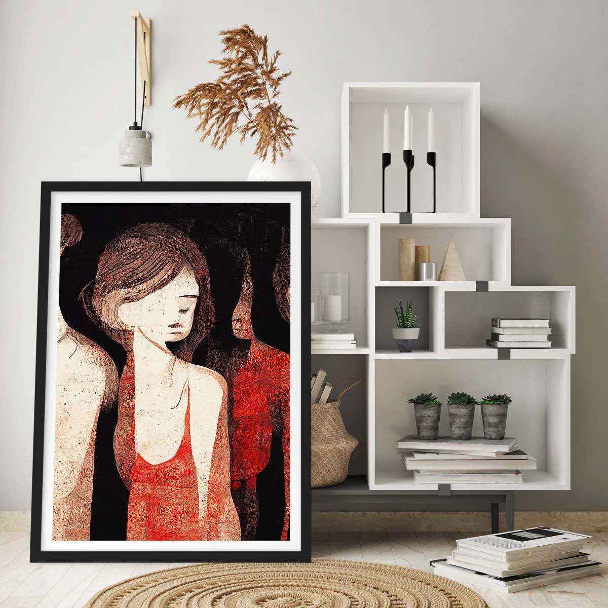 Poszter fehér keretben - Egy piros és fekete alak absztrakt illusztrációja - 50x70cm - A sötétség madonnái - Modern fali dekoráció nappalihoz és hálószobához ARTTOR