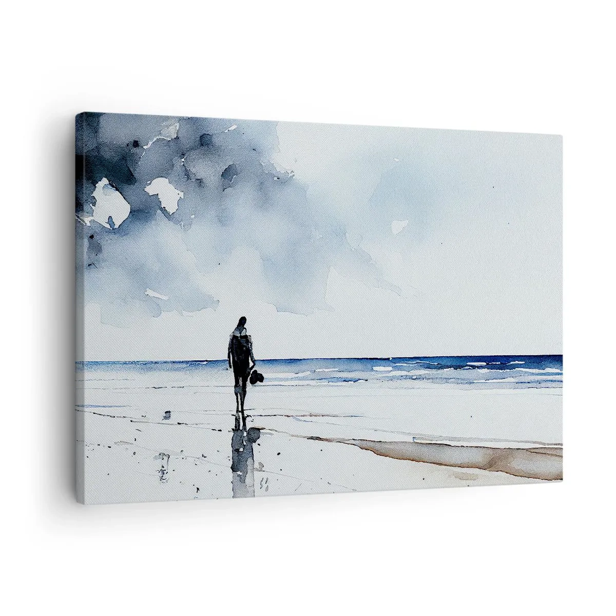 Vászonkép - Egy alak a tengerparton, nyugodt tengeri környezetben - 70x50cm - Beszélgetés a tengerrel - Modern fali dekoráció nappalihoz és hálószobához ARTTOR