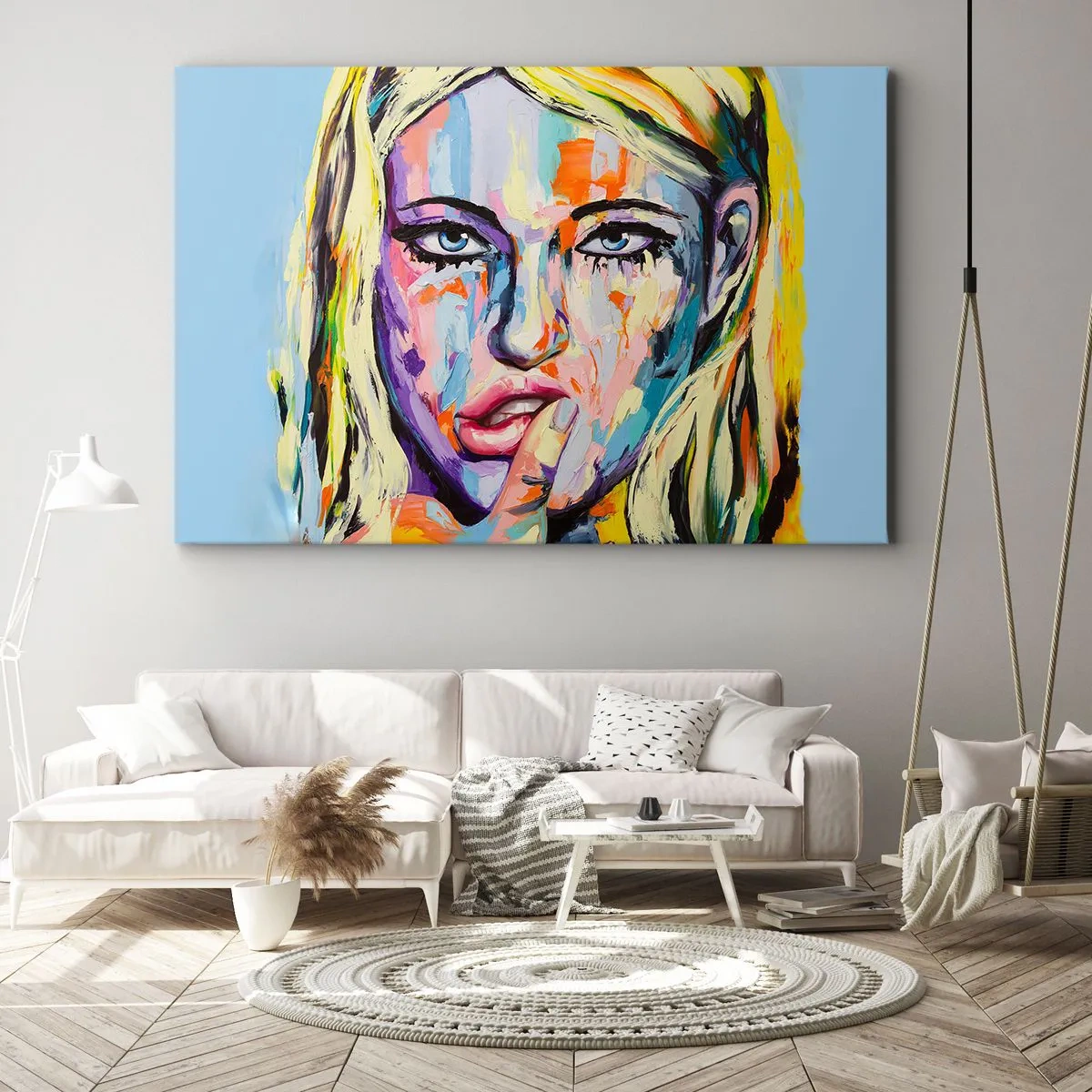 Vászonkép - Egy nő színes portréja absztrakt stílusban - 70x50cm - Nézz egyenesen a szemébe - Modern fali dekoráció nappalihoz és hálószobához ARTTOR