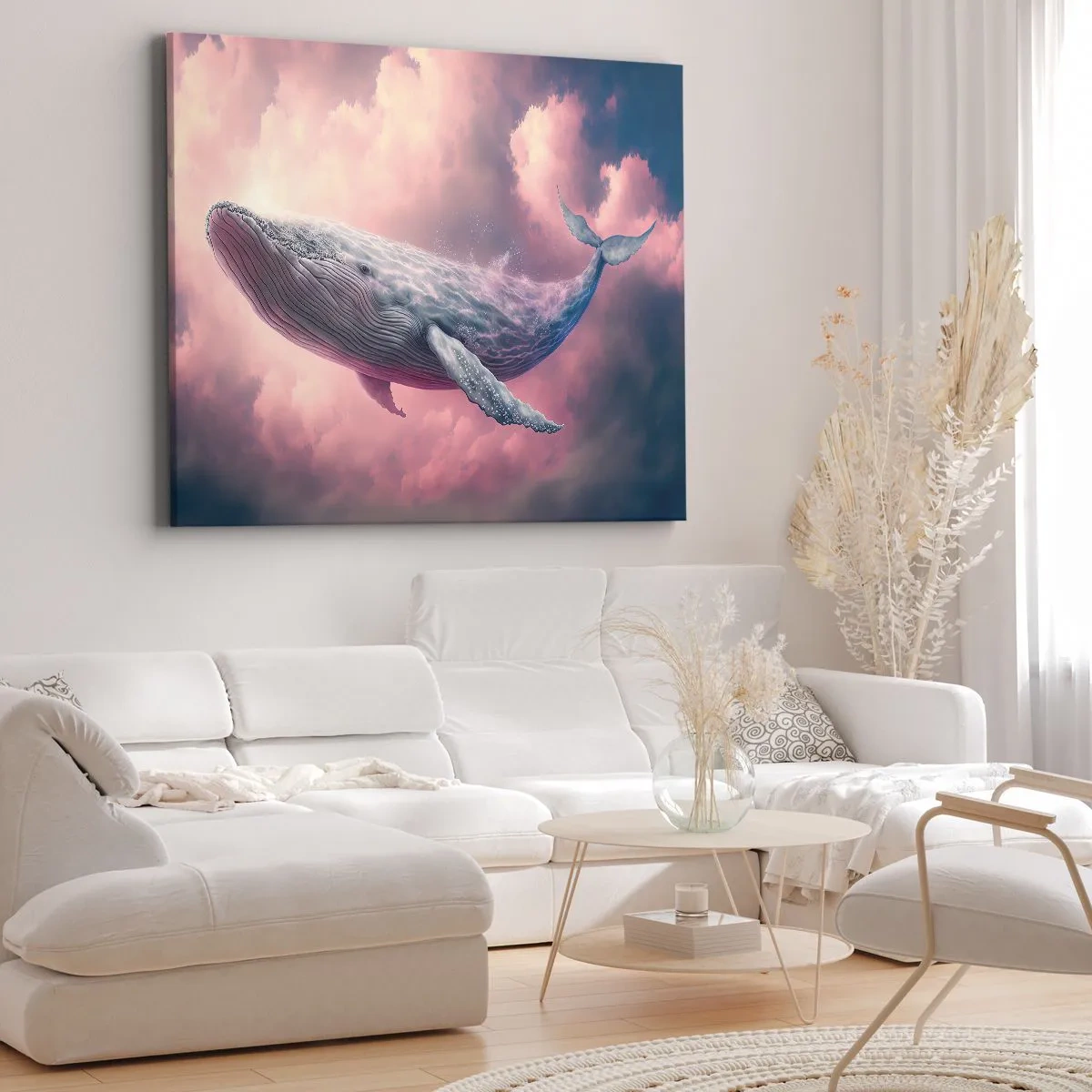 Vászonkép - Egy bálna lebeg a felhők között naplementekor - 70x50cm - Töröld meg a szemed - Modern fali dekoráció nappalihoz és hálószobához ARTTOR
