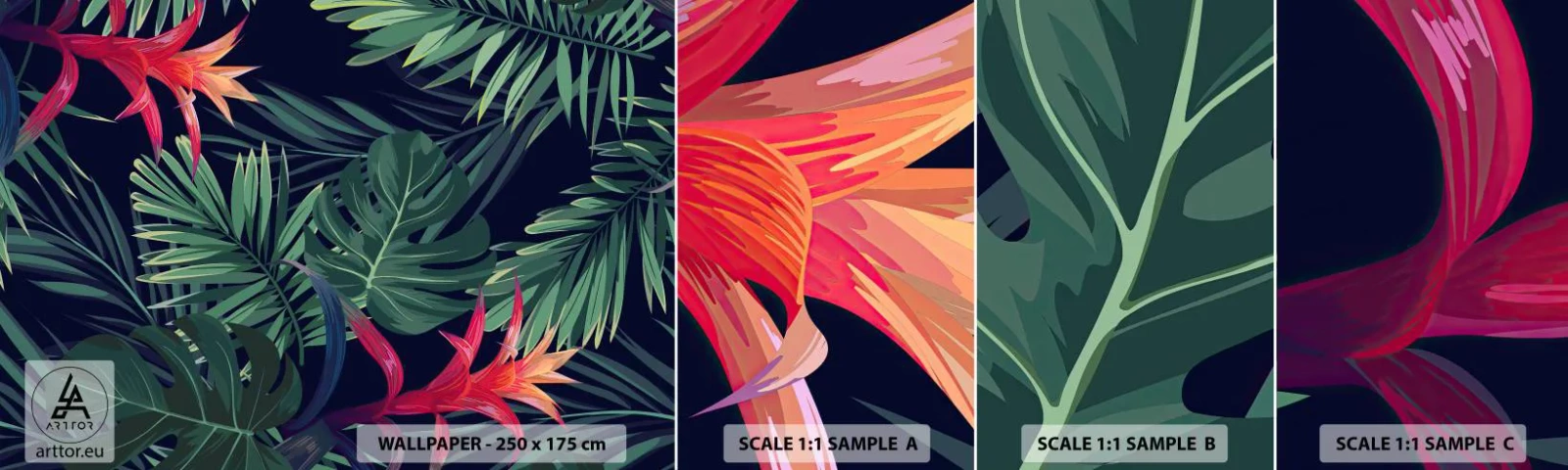 Fotótapéta Minta Standard Eco - Zölden égni - Virágok, Trópusi növény, Pálmalevelek - 100x30 cm