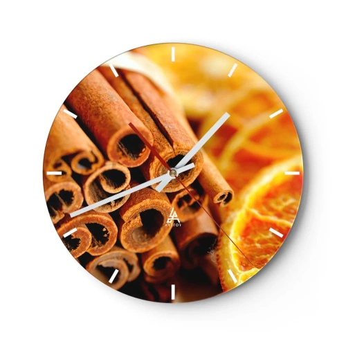 Falióra, Óra - Fahéjrudak és szárított narancsok meleg tónusokban - 30x30cm - Érzed az aromát? - Modern fali dekoráció nappalihoz, konyhához és hálószobához ARTTOR