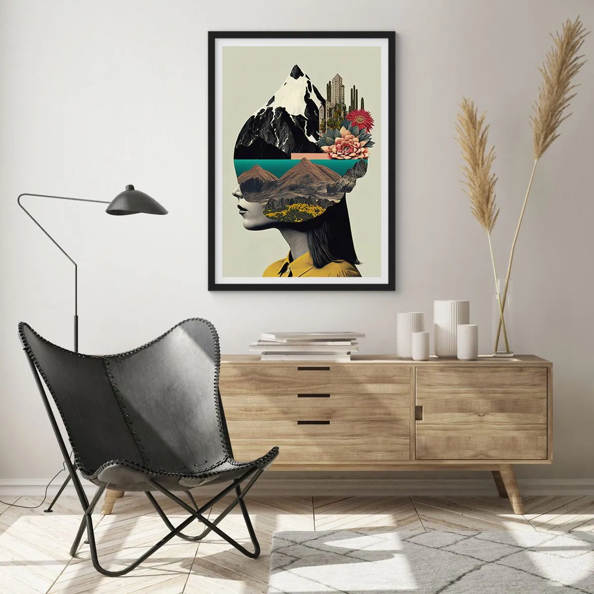 Poszter fehér keretben - Egy nő, akinek szürreális tájképe van a fejében - 50x70cm - Nő - mindig rejtély - Modern fali dekoráció nappalihoz és hálószobához ARTTOR