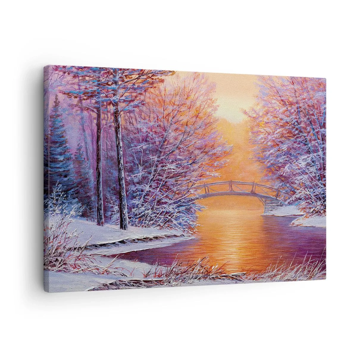 Vászonkép - Téli táj híddal és naplementével - 70x50cm - Találkozzunk itt - Modern fali dekoráció nappalihoz és hálószobához ARTTOR