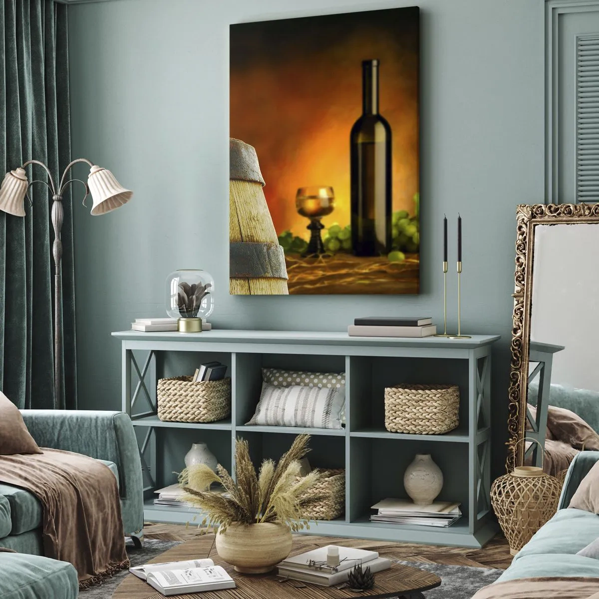 Vászonkép - Csendélet egy üveg borral és egy szőlő fürttel - 50x70 cm