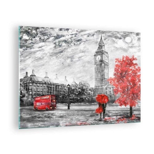Üveg kép - Big Ben piros busszal és esernyővel az őszi fák hátterében - 70x50cm - Izgalmas nap - Modern fali dekoráció nappalihoz és hálószobához ARTTOR