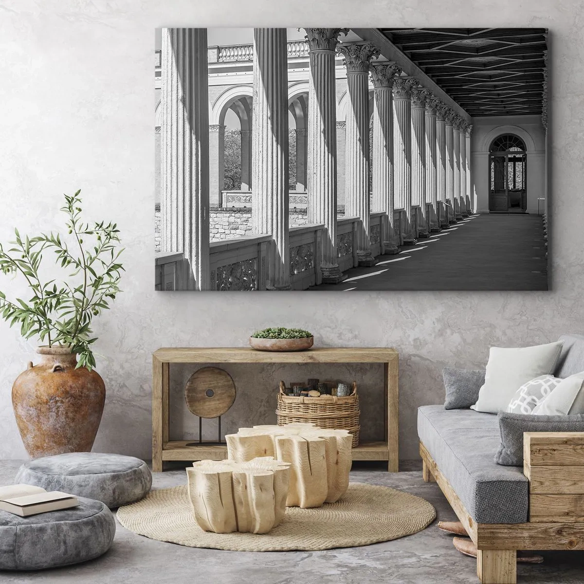 Vászonkép - Klasszikus stílusú oszlopsor fekete-fehérben - 70x50cm - Napsütötte árkádsor - Modern fali dekoráció nappalihoz és hálószobához ARTTOR
