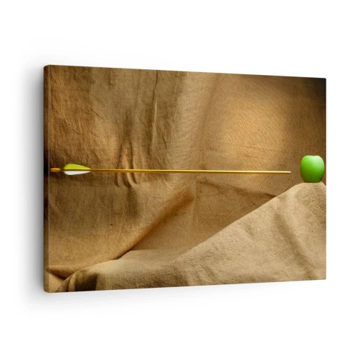 Vászonkép - Zöld alma szöveten, nyíllal kompozíciót létrehozva - 70x50cm - Idézd elő William Tell szellemét - Modern fali dekoráció nappalihoz és hálószobához ARTTOR
