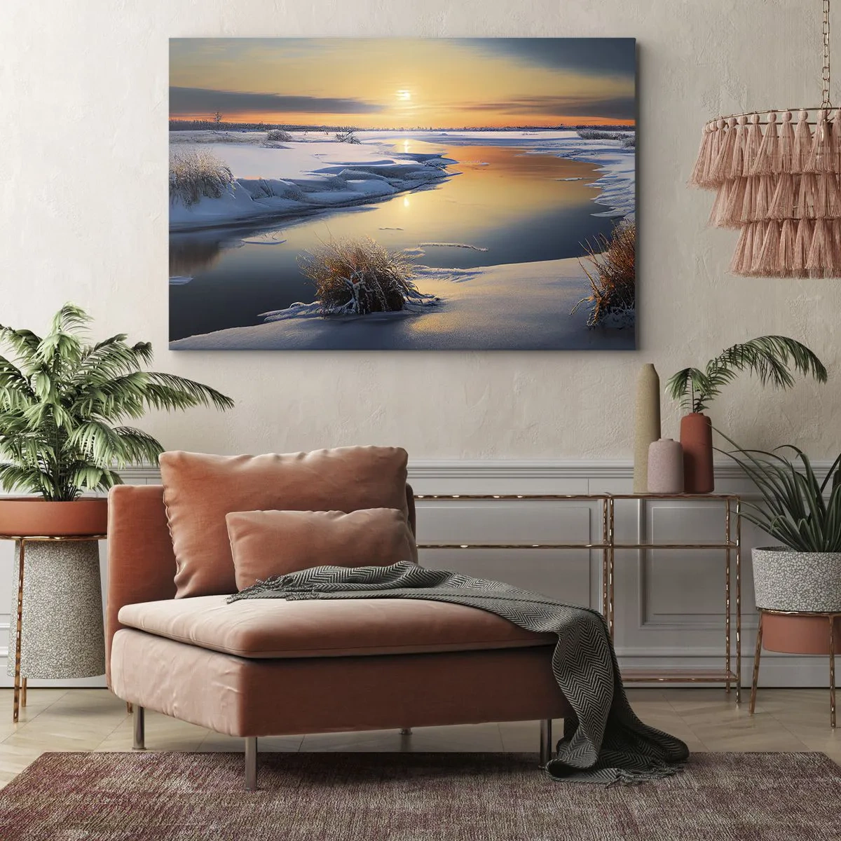 Vászonkép - Téli táj folyóval naplementekor - 70x50cm - Téli naplemente - Modern fali dekoráció nappalihoz és hálószobához ARTTOR