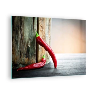 Üveg kép - Piros chili paprika fából készült háttéren - 70x50cm - Red hot chili peppers - Modern fali dekoráció nappalihoz és hálószobához ARTTOR