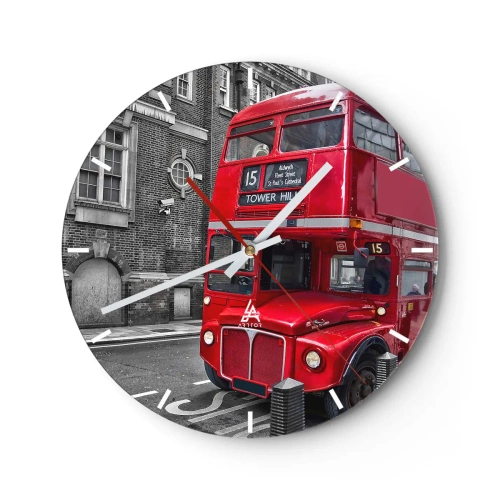 Falióra, Óra - Egy piros londoni busz történelmi épületek hátterében - 30x30cm - Mindig ugyan olyan - Modern fali dekoráció nappalihoz, konyhához és hálószobához ARTTOR