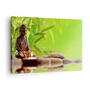 Vászonkép - Buddha alak kövekkel és egy gyertyával bambusz háttér előtt - 70x50cm - Az élet gyönyörű - Modern fali dekoráció nappalihoz és hálószobához ARTTOR