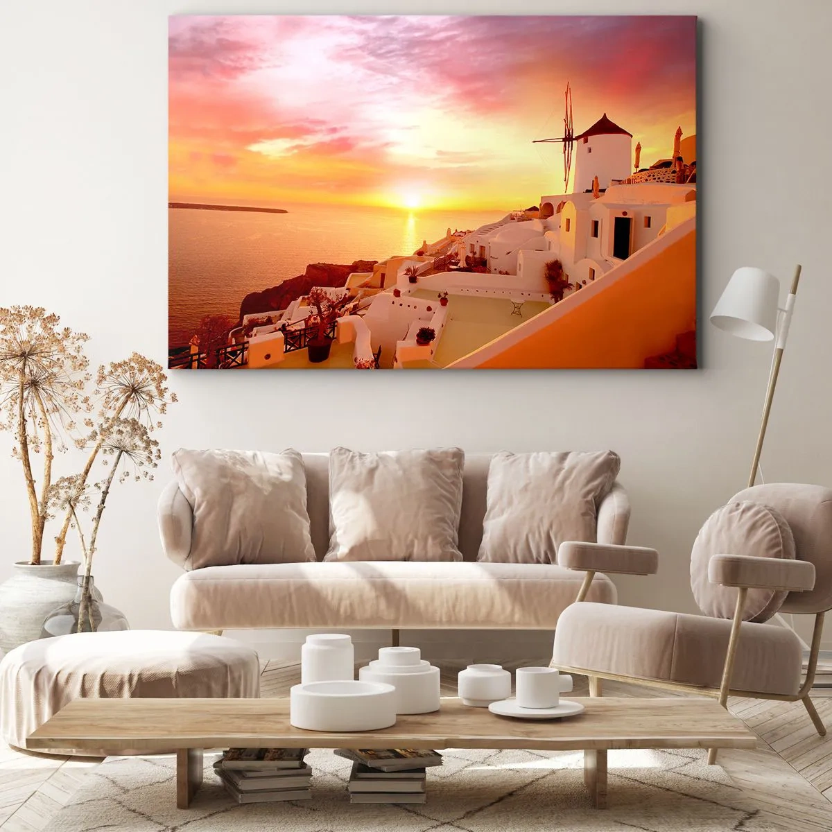 Vászonkép - Santorini naplementekor egy szélmalommal - 70x50cm - Szétfolyni a fehérben és aranyban - Modern fali dekoráció nappalihoz és hálószobához ARTTOR