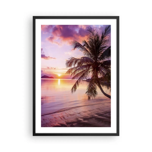 Poszter fehér keretben - Trópusi naplemente pálmafával a tengerparton - 50x70cm - Boldogság egészen a horizontig - Modern fali dekoráció nappalihoz és hálószobához ARTTOR