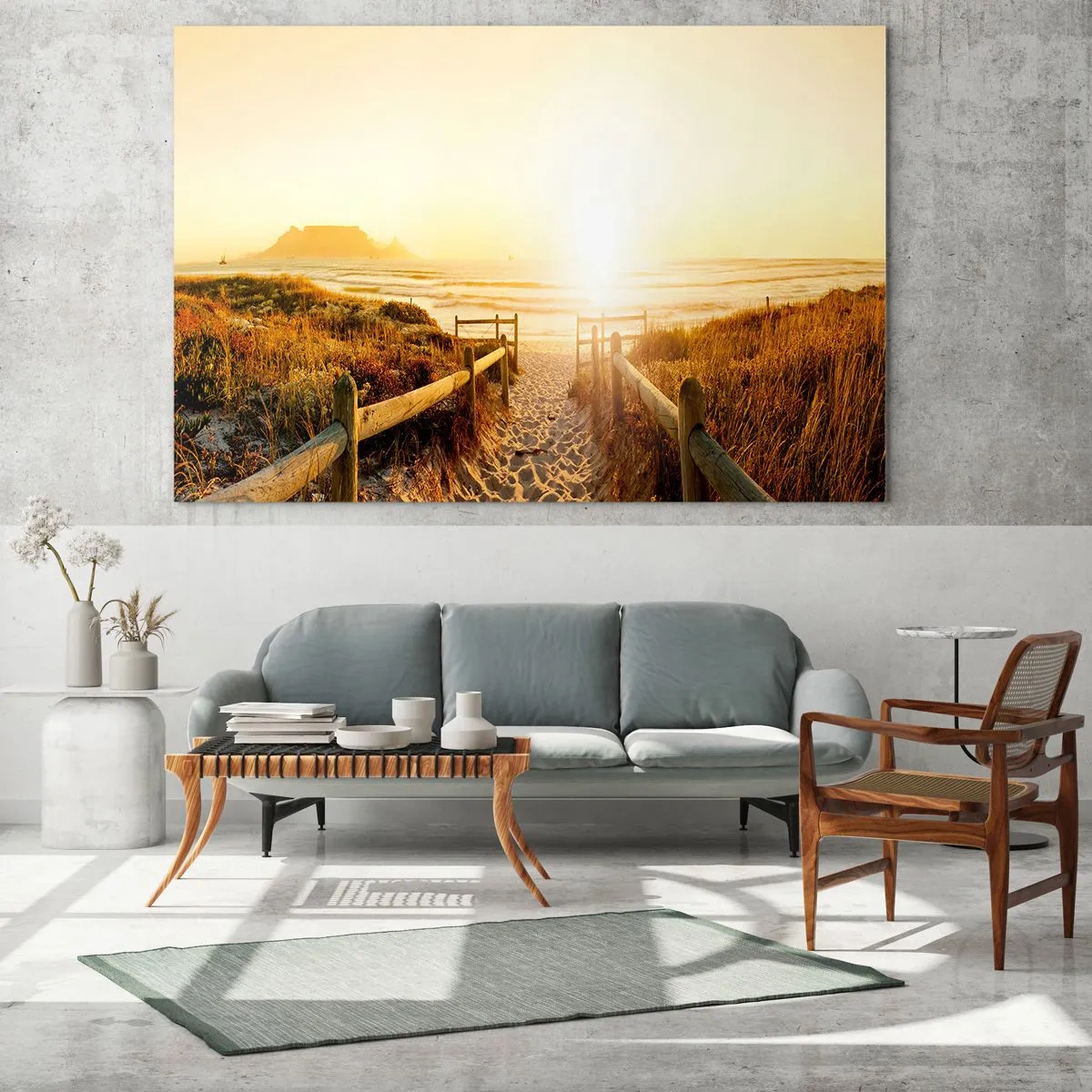 Üveg kép - Ösvény a dűne felett, amely naplementekor a tengerpartra vezet - 70x50cm - A dűnén túl, a nap felé - Modern fali dekoráció nappalihoz és hálószobához ARTTOR