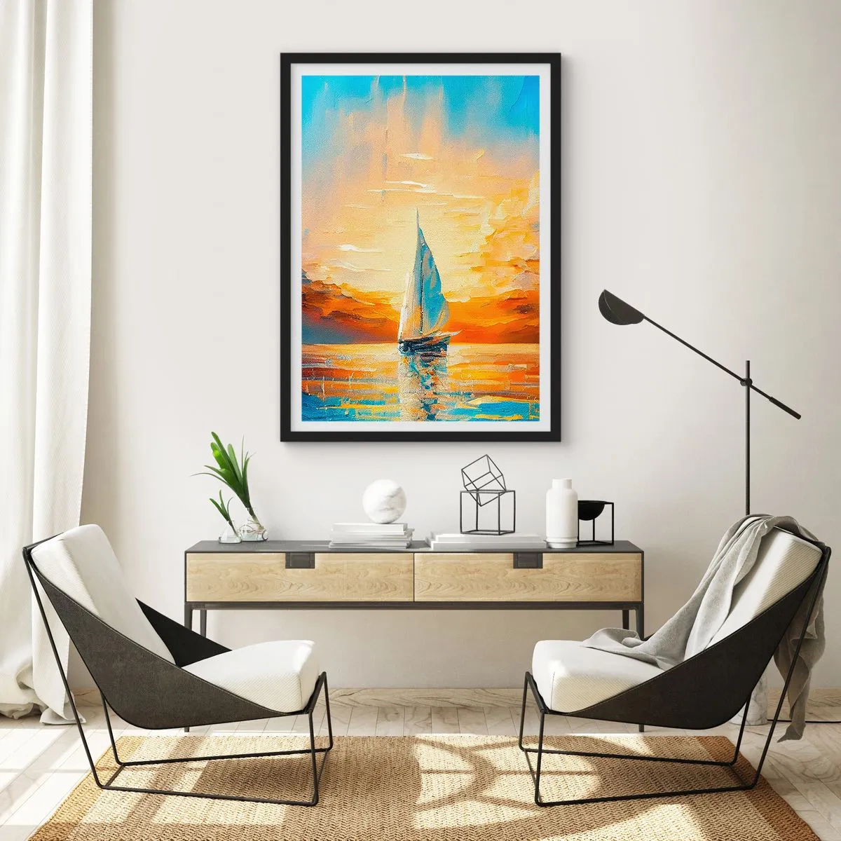 Poszter fehér keretben - Egy vitorláshajó az aranyló naplemente hátterében - 50x70cm - Aranyban vitorlázva - Modern fali dekoráció nappalihoz és hálószobához ARTTOR