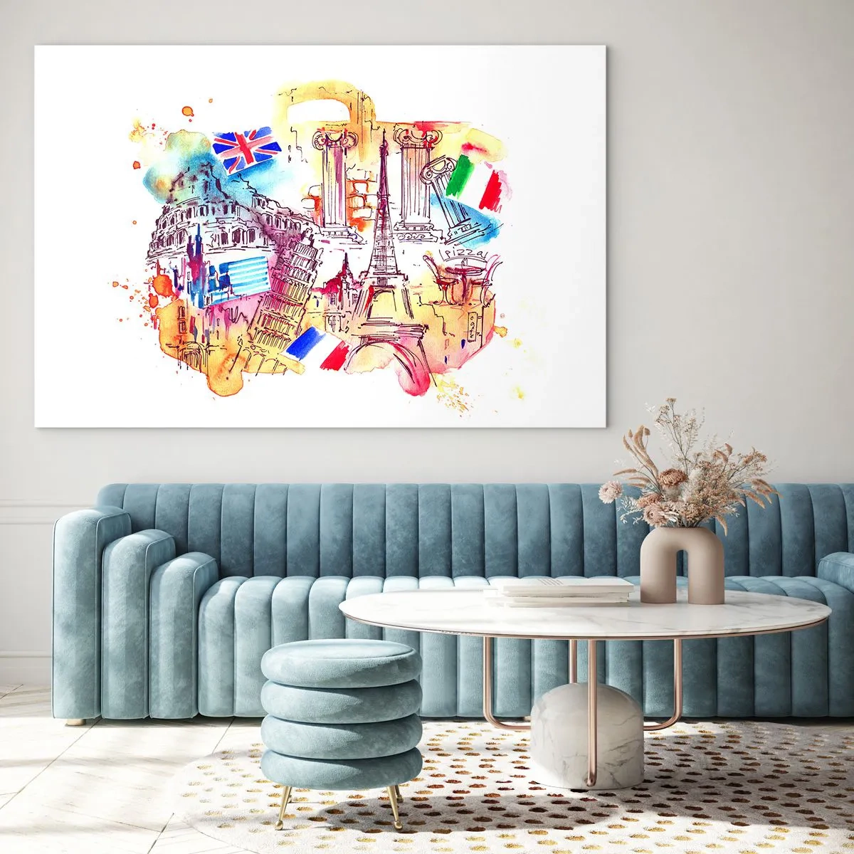 Üveg kép - Európai emlékművek akvarellje országzászlókkal - 70x50cm - Európai körút - Modern fali dekoráció nappalihoz és hálószobához ARTTOR