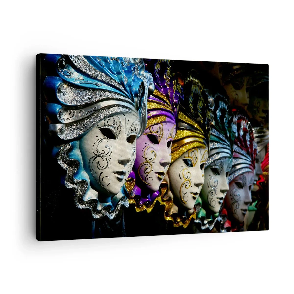 Vászonkép - Velencei maszkok különböző színekben, dekoratív mintákkal - 70x50cm - Rejtély aranyban és ezüstben - Modern fali dekoráció nappalihoz és hálószobához ARTTOR