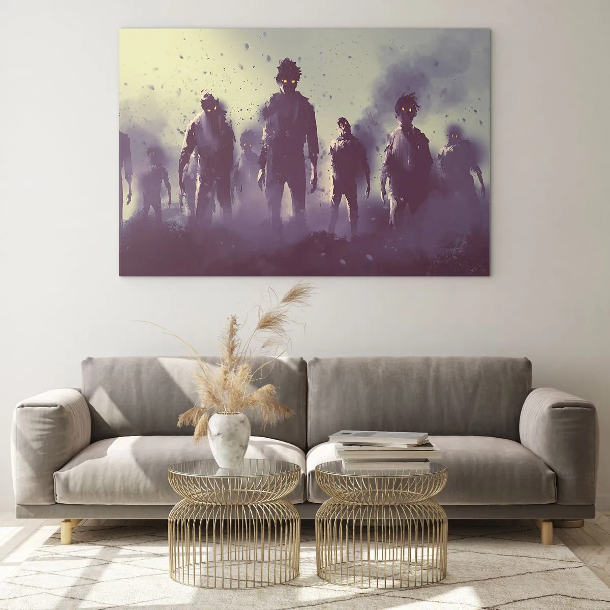 Üveg kép - Egy csoport alak sötét illusztrációja a ködben - 70x50cm - Figyelj! Jönnek - Modern fali dekoráció nappalihoz és hálószobához ARTTOR