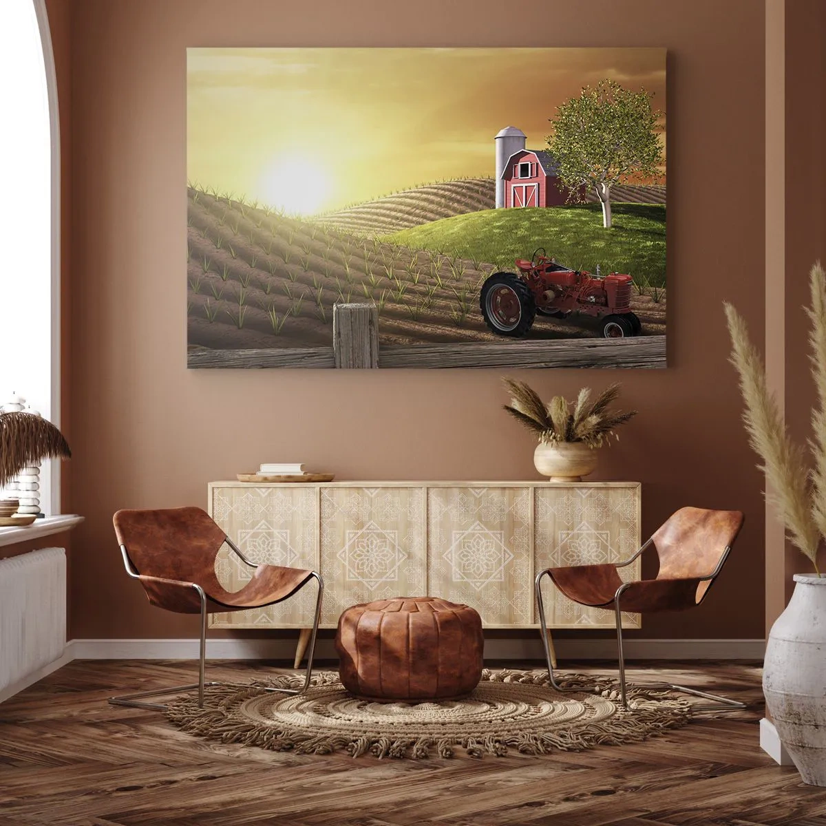 Vászonkép - Vidéki táj piros pajtával, traktorral és napfelkeltével - 70x50cm - Tanya, mint a meséből - Modern fali dekoráció nappalihoz és hálószobához ARTTOR
