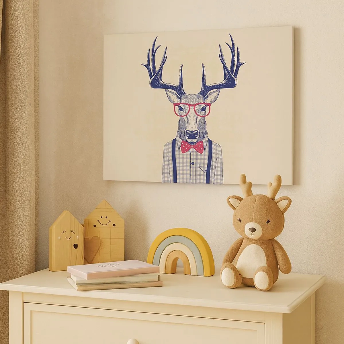 Vászonkép - Stilizált grafika egy szemüveges és csokornyakkendős szarvasról - 70x50cm - Mókás extravagancia - Modern fali dekoráció nappalihoz és hálószobához ARTTOR