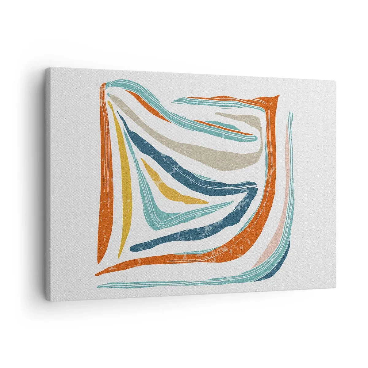 Vászonkép - Színes, dinamikus vonalak kék, narancs és bézs árnyalatokban - 70x50cm - Barátságosan mosolygó absztrakció - Modern fali dekoráció nappalihoz és hálószobához ARTTOR