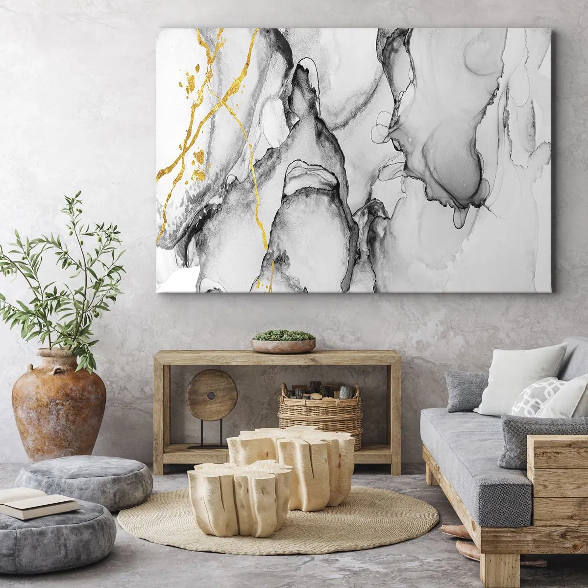 Vászonkép - Absztrakt fekete-fehér minták arany díszítéssel - 70x50cm - Arany motívumú kompozíció - Modern fali dekoráció nappalihoz és hálószobához ARTTOR