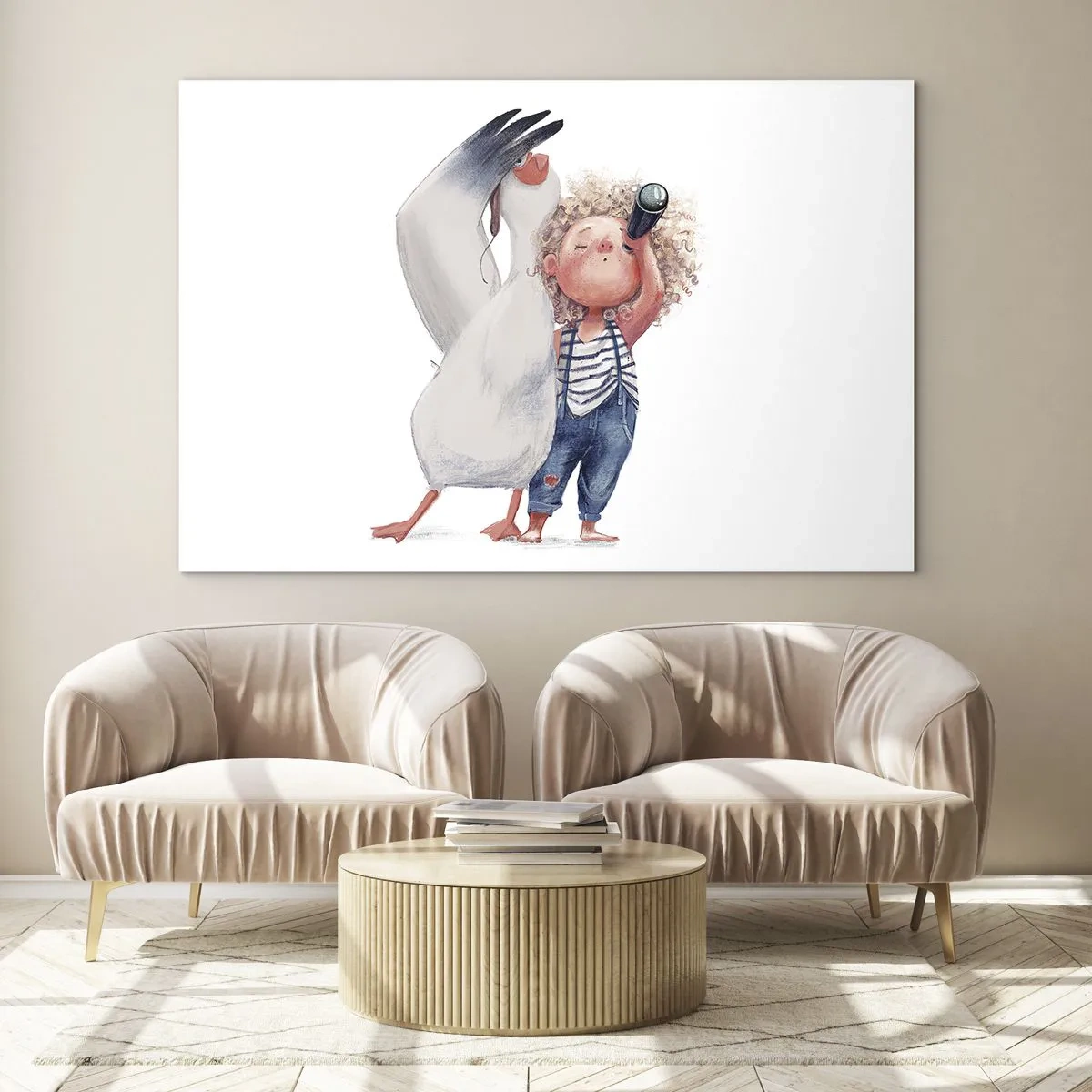 Üveg kép - Baba távcsővel és gólyával vicces illusztrációs stílusban - 70x50cm - Nagy utazási terve - Modern fali dekoráció nappalihoz és hálószobához ARTTOR