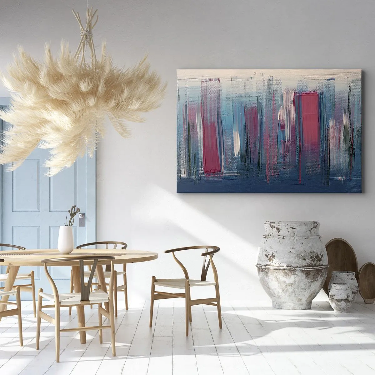 Vászonkép - Absztrakt függőleges formák kék és piros árnyalatokban - 70x50cm - Függőleges kompozíció kék és piros színekben - Modern fali dekoráció nappalihoz és hálószobához ARTTOR