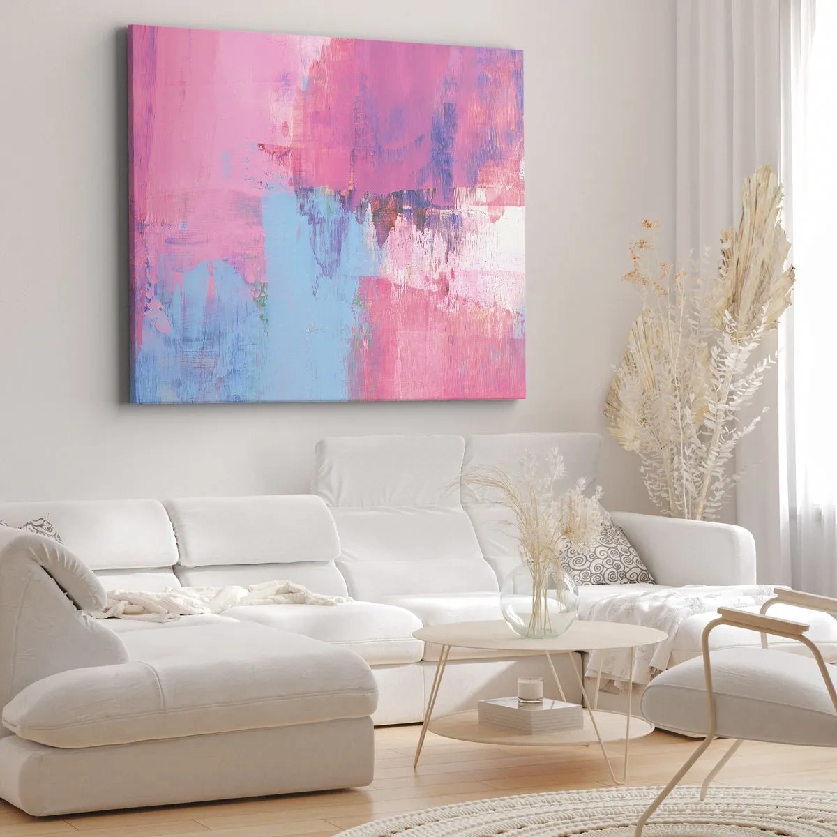Vászonkép - Absztrakt kompozíció rózsaszínben és kékben - 70x50cm - Rózsaszín, kék és egy csipetnyi fény - Modern fali dekoráció nappalihoz és hálószobához ARTTOR