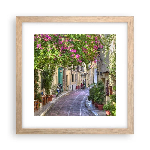 Poszter világos tölgy keretben - Virágzó sikátor - 30x30 cm