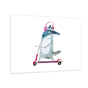 Üveg kép - Borz fejhallgatóval egy akvarell robogón - 70x50cm - Borzas örömök - Modern fali dekoráció nappalihoz és hálószobához ARTTOR