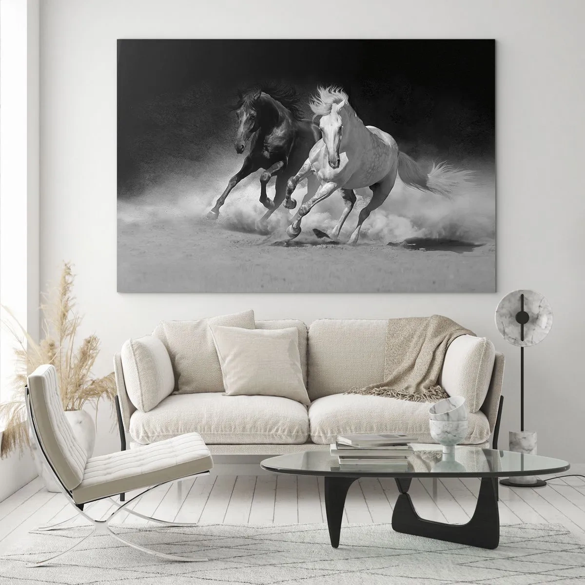Üveg kép - Futó lovak fekete-fehérben - 70x50cm - A szabadság vágtája - Modern fali dekoráció nappalihoz és hálószobához ARTTOR