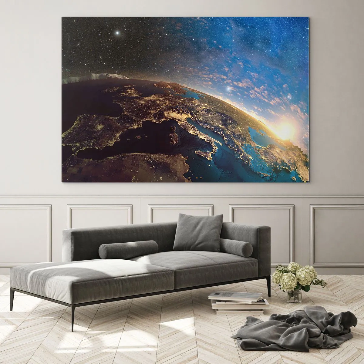 Üveg kép - A Föld látképe az űrből, látható a napfelkelte - 70x50cm - Tekintsünk magunkra távolról - Modern fali dekoráció nappalihoz és hálószobához ARTTOR