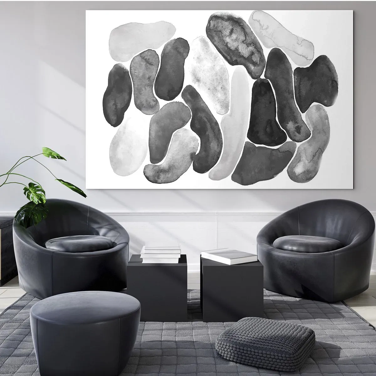 Üveg kép - Kövekre emlékeztető absztrakt formák fekete-fehér kompozíciója. - 70x50cm - Köves absztrakció - Modern fali dekoráció nappalihoz és hálószobához ARTTOR