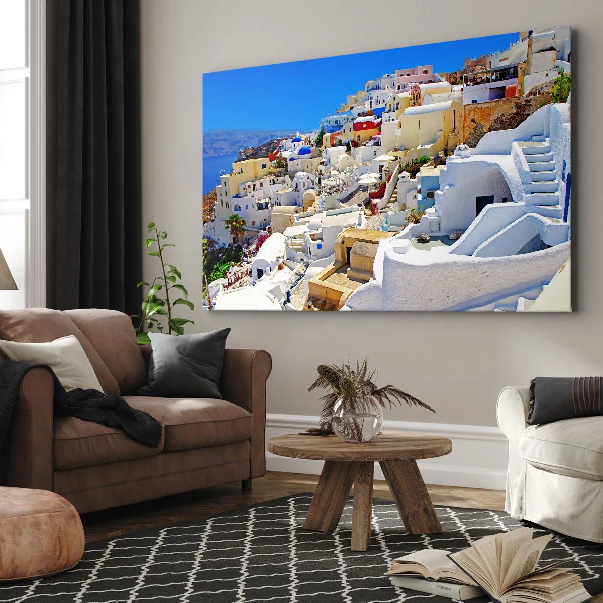 Vászonkép - Santorini panorámája fehér házakkal és kék éggel - 70x50cm - Álom a görög nyárról - Modern fali dekoráció nappalihoz és hálószobához ARTTOR