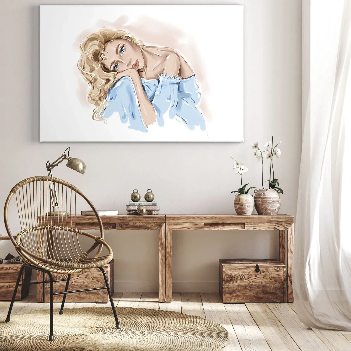 Vászonkép - Portré egy nőről kék ruhában, szőke hajú - 70x50cm - Álmodozó a kékben - Modern fali dekoráció nappalihoz és hálószobához ARTTOR