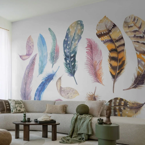 Öntapadós Fotótapéta Deluxe Sticker - Könnyű, tarka és sokszínű - Madártollak, Madarak, Grafika - 350x256 cm