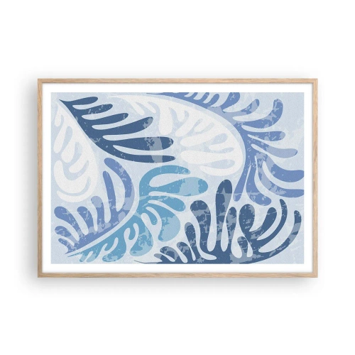 Poszter világos tölgy keretben - Kék páfrányok - 100x70 cm