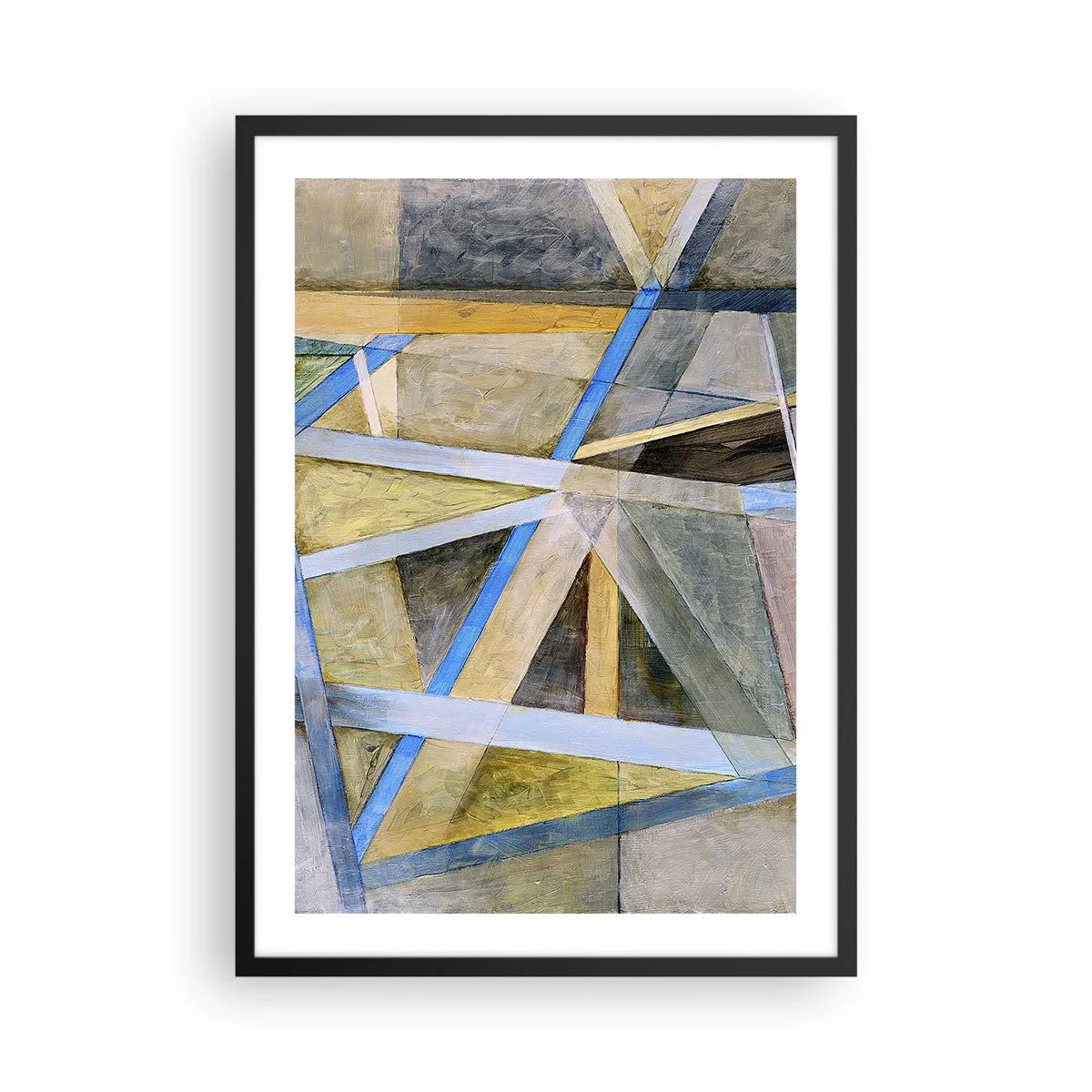 Poszter fehér keretben - Geometrikus absztrakció kék és arany árnyalatokkal - 50x70cm - Egyenesen vagy átlósan? - Modern fali dekoráció nappalihoz és hálószobához ARTTOR