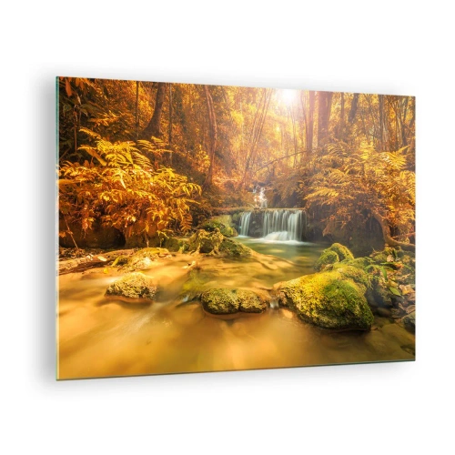 Üveg kép - Arany színű erdei kaszkád - 70x50cm - Erdei vízesés aranyban - Modern fali dekoráció nappalihoz és hálószobához ARTTOR