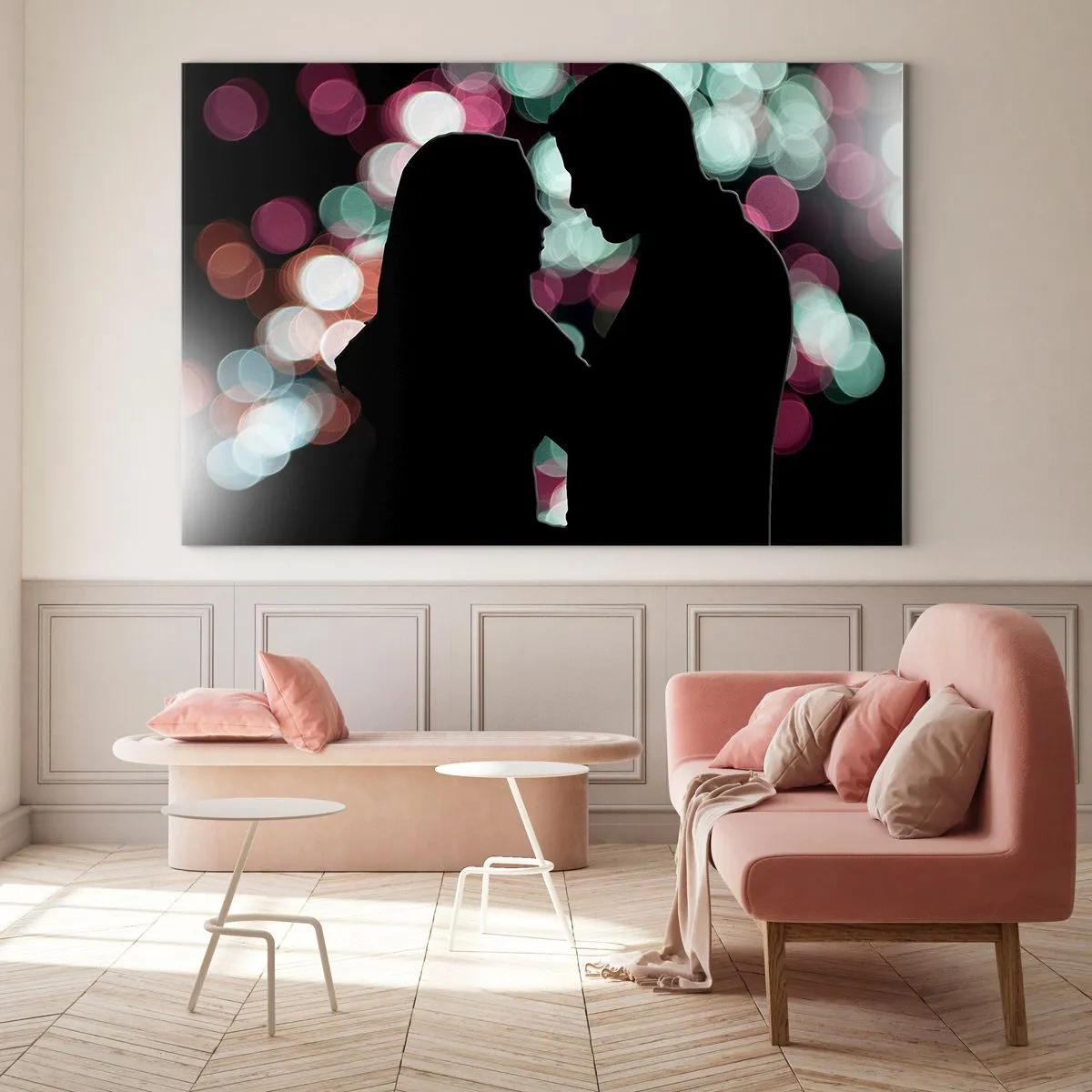 Üveg kép - Egy pár sziluettjei színes bokeh fények hátterében - 70x50cm - Igen! - Modern fali dekoráció nappalihoz és hálószobához ARTTOR