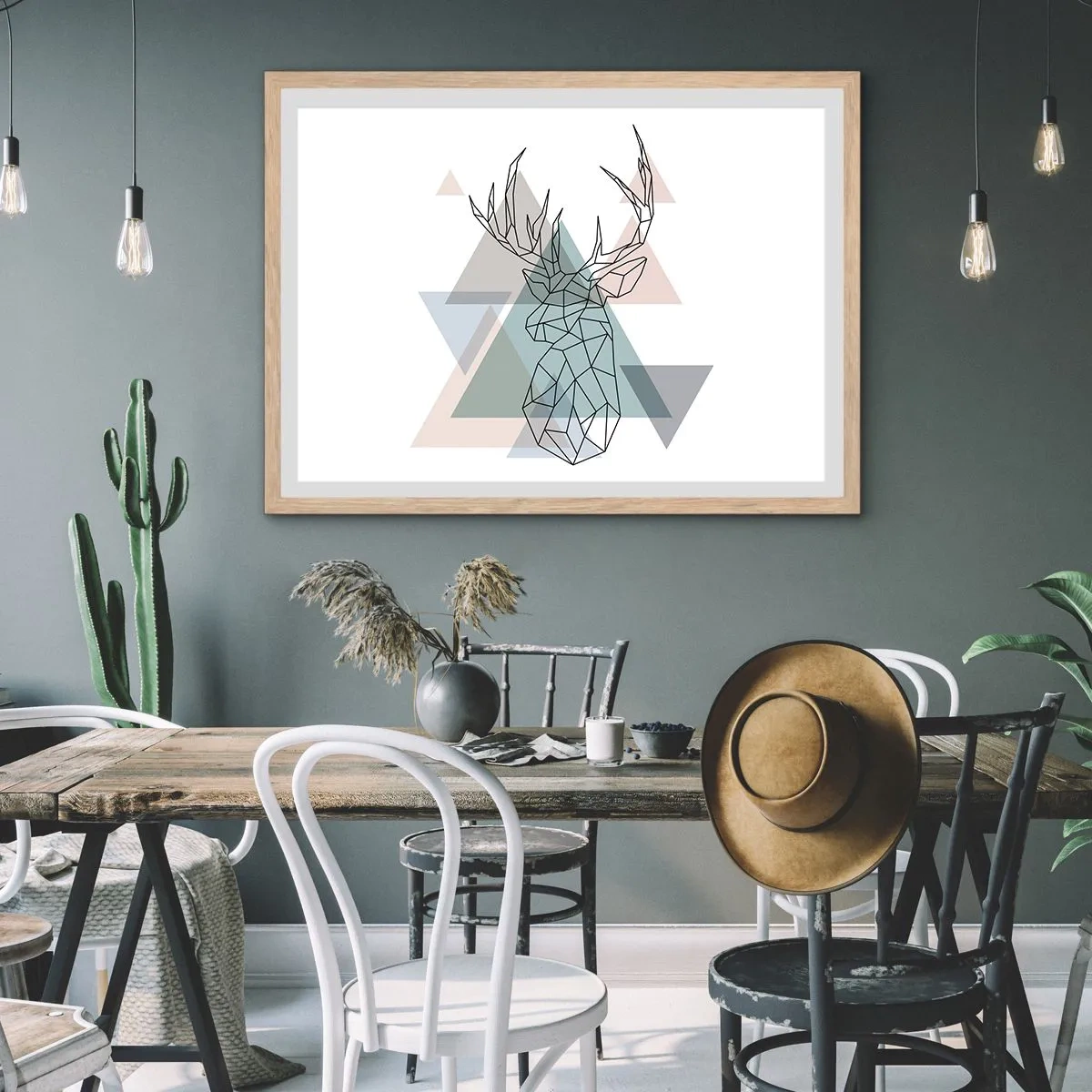 Poszter világos tölgy keretben - Egy geometrikus erdőben - 91x61 cm
