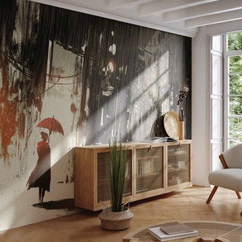 Fotótapéta Premium Canvas - A vörös esernyő költészete - Város, Nő, Építészet - 300x210 cm
