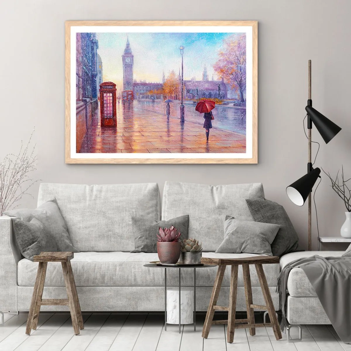Poszter világos tölgy keretben - Őszi nap Londonban - 70x50 cm